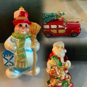 Lot of 3 Blown glass Christmas tree ornaments, Snowman Santa and red truck